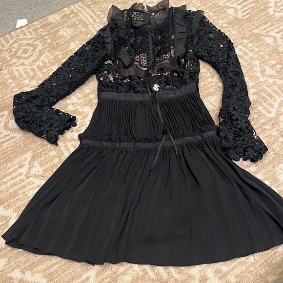 Self-Portrait Black Guipure Lace & Organza Trim Pleated Adeline Dress 4 - Picture 3 of 13